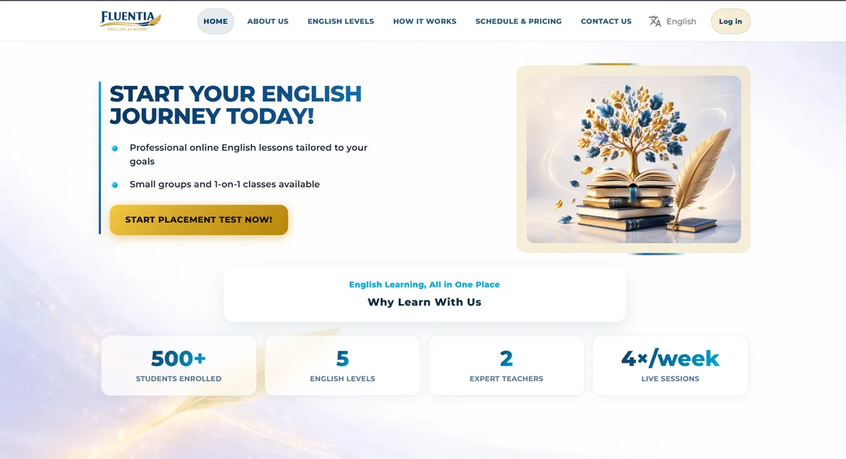 Fluentia Academy homepage showing English learning options and a placement-test entry point.